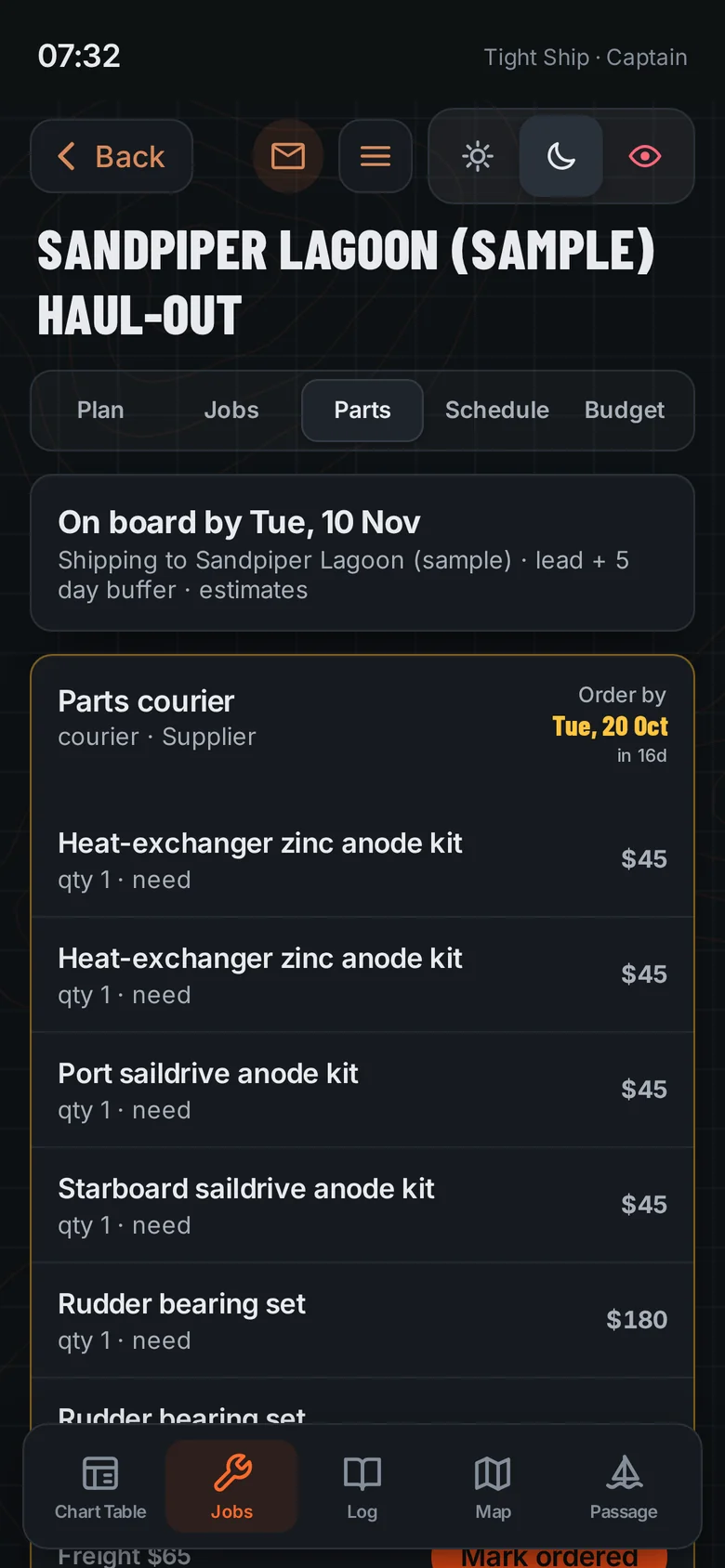 Haul-out parts list with order-by dates from the courier lead time