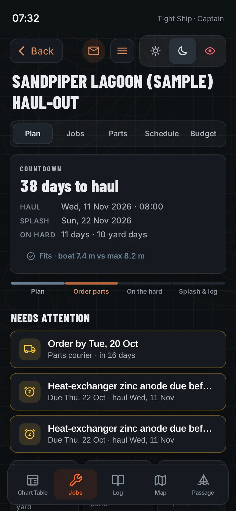 Haul-out plan: 38 days to haul, with items needing attention