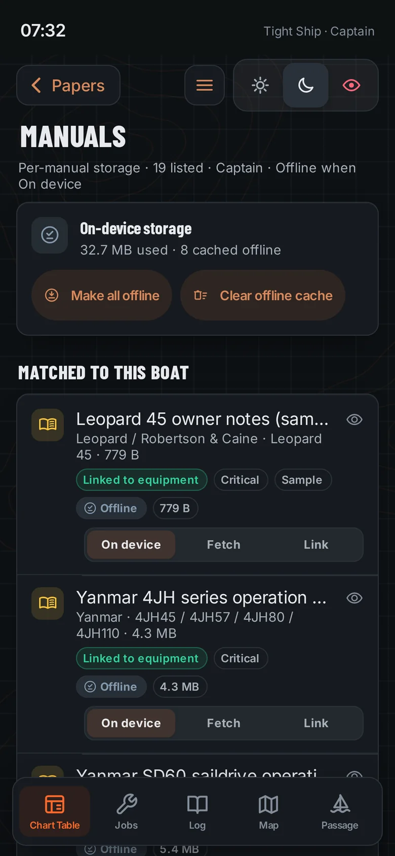 Manuals matched to the boat and kept on the device for offline use