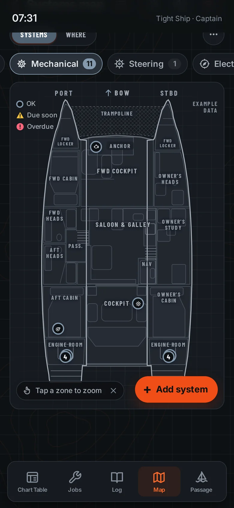 Tight Ship boat map showing the whole boat with the mechanical layer