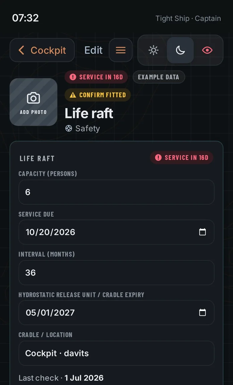 Life raft record: capacity, service due date, interval and hydrostatic release expiry